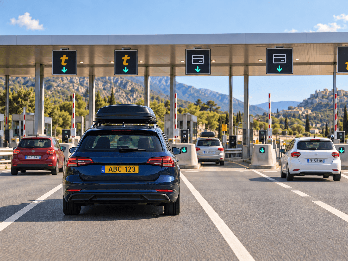 Nederlandse en Franse auto's die een Europese tolbadgepoort naderen